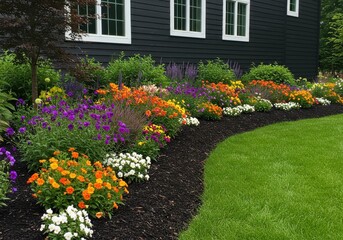 Colorful flowerbed with mulch and green lawn near a dark house
