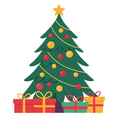 Fototapeta premium Festive illustration of a decorated christmas tree with holiday gifts underneath in flat design