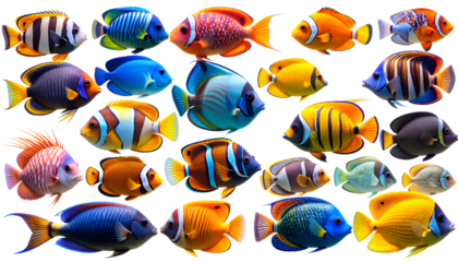 Vibrant Tropical Fish Set Isolated on Transparent Background PNG