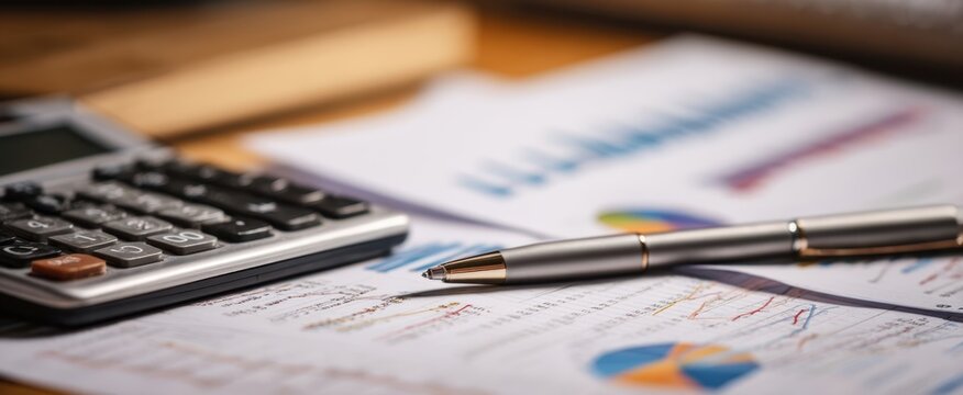 The calculator and pen on financial documents showcasing statistical analysis and planning. - Powered by Adobe