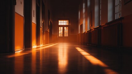 Fototapeta premium Lit hall long hallway, polished floors, warm light filtering from window at the end