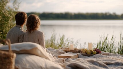 Fototapeta premium Young couple relaxes together by the lakeside at sunset, surrounded by a cozy picnic setup and nature
