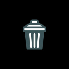 A trash can with a lid on top. The trash can is black and white