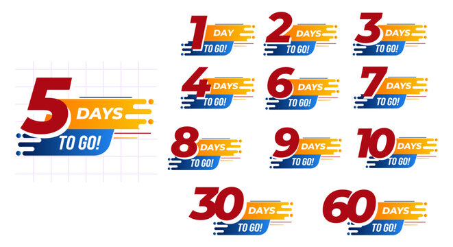 Days To Go Countdown banner template design. 1,2,3,4,5,6,7,8,9,10,20 days left countdown icon. vector 