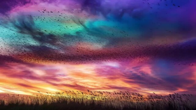 Nacreous polar stratospheric clouds illuminating a flock of birds at dusk in a serene landscape, Nacreous polar stratospheric clouds bird flock