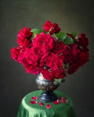 Still life with red roses in a vase
