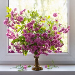 Still life with bouquet of pink roses on a windowsill