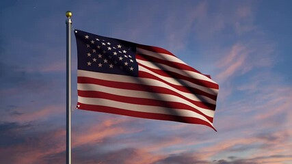 The American Flag gracefully waving in the wind, symbol of patriotism and freedom against a backdrop of a beautiful evening sky.  - Powered by Adobe