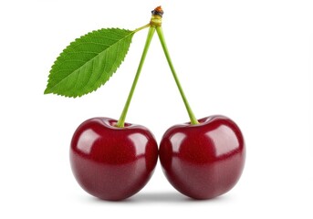 Two ripe cherries joined at the stem with a single leaf on a white background