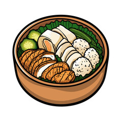 Vector Art Of A Bento Box With Grilled Chicken Rice Slices Cucumber and Vegetables in a Wooden Bowl