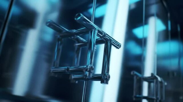 Chrome Handles Hanging On A Line Abstract Industrial Electroplating Process