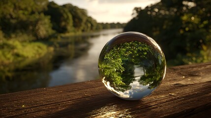 Crystal ball reflecting lush greenery and river scenery at sunset, creating a tranquil atmosphere