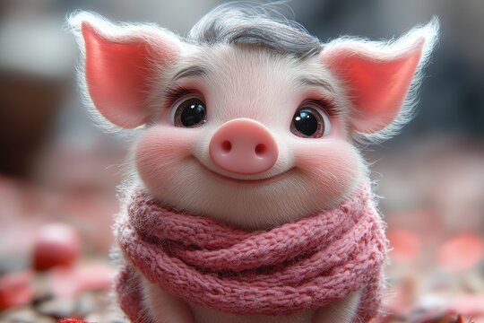Cute piglet wearing a pink scarf smiling cheerfully in a cozy setting surrounded by small pink objects