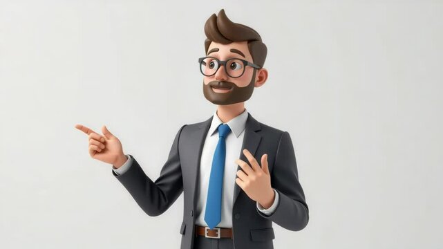 A cartoon businessman with glasses and a beard, dressed in a suit and tie, gestures confidently while presenting an idea.
