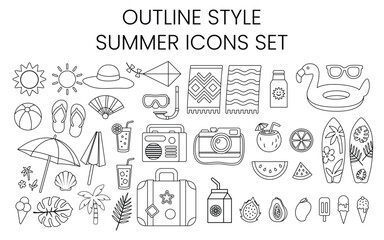 Summer icon set in modern outline style. Features line icons of beachwear, sun, palm trees, drinks, fruits, and vacation elements for summer-themed designs.