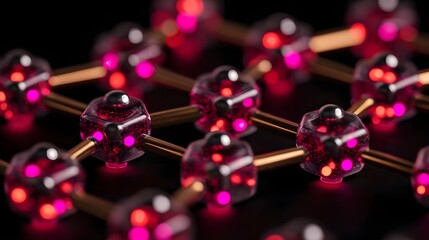 Close-up view of a vibrant molecular structure with glowing elements, showcasing intricate connections