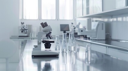 laboratory equipment mockup arranged on a stainless steel lab table, clinical lighting, white background fade, 16:9