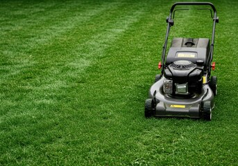 Fototapeta premium Lawnmower on green grass in a backyard, ready to cut the lawn during the summer season