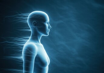 Fototapeta premium Glowing female figure with energy streams against a blue background
