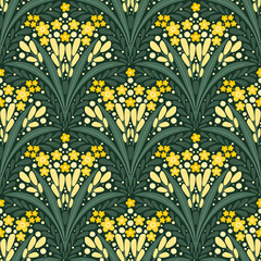 Abstract yellow flower bouquets seamless pattern. Stylized hand drawn flowers and green leaves on dark green background. Repeat scallop shape floral allover backdrop