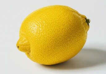 Single yellow lemon with textured peel on a white background in studio lighting