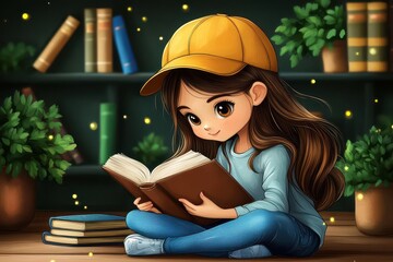 Young girl reading a book in a cozy library setting with warm lighting and bookshelves