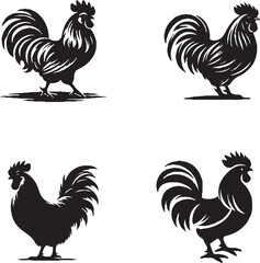 Stylized Black-and-White Rooster Illustrations in Distinct Poses