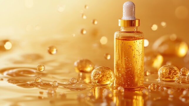 Golden Serum Bottle with Droplets on Reflective Surface