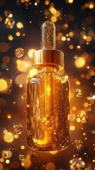 Golden Serum Bottle with Dropper Cap Against a Sparkling Background