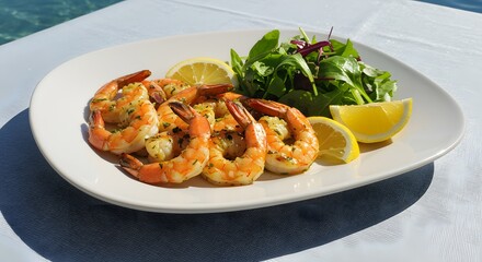 Grilled Shrimp with Lemon and Salad on White Plate