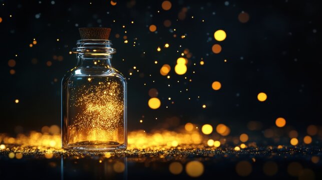 A glass bottle filled with golden glitter, surrounded by sparkling bokeh lights against a dark background.