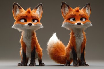 Fototapeta premium Two animated foxes standing side by side in a neutral setting with bright colors and expressive features