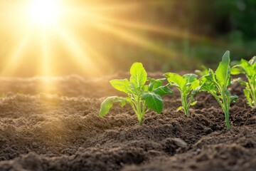 Raised garden beds filled with fresh lettuce on countryside farm