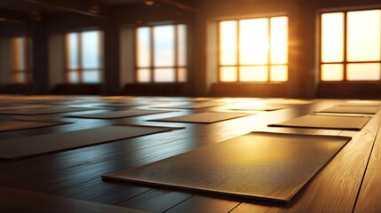 Yoga mats lined up on wood floor, sunlight streams through windows