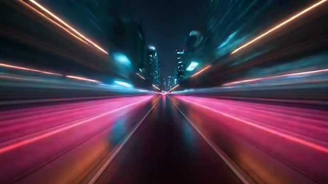 Urban night speed blur, city lights streaking