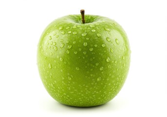 Fresh granny smith apple with water droplets against a white background