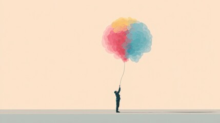 Fototapeta premium Silhouette Holding Explosive Brain-Shaped Balloon Against Minimal Pastel Background in Creative Display