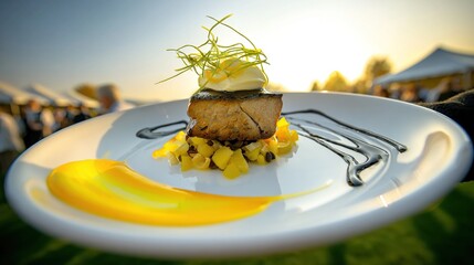 A plated, gourmet dish featuring seared tuna, mango salsa, and sauces, presented outdoors