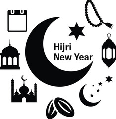  Islamic New Year. Solid black vector pictograms featuring symbolic elements such as crescent moon with star, mosque silhouette, lantern, prayer beads (Tasbih), calendar with crescent moon, traditiona
