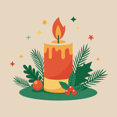 christmas candle with holly and berries