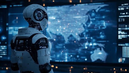A futuristic robot stands in front of digital screens displaying maps and data, symbolizing the integration of AI technology into the global landscape