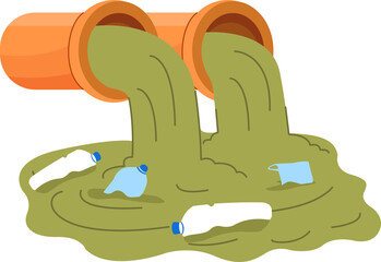 sewage pipe releases green water into a polluted river with garbage vector illustration