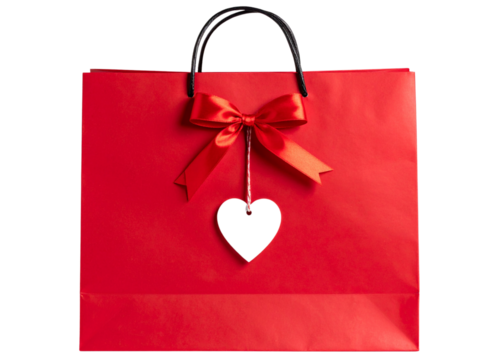 Romantic Red Gift Bag with Heart-Shaped Tag and Satin Ribbon, Transparent PNG