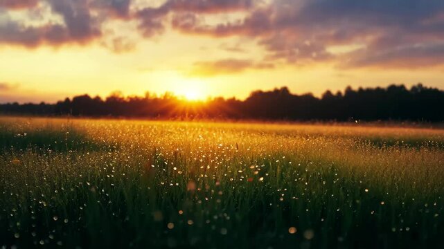 Dewy meadow at sunrise with vibrant green grass and bright orange flowers, Sunrise on dewy meadow with vibrant green grass
