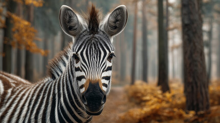 Fototapeta premium young zebra stands in a misty autumn forest, its striking black and white stripes contrasting with the muted browns and golds of the fallen leaves. The zebra looks directly at the camera