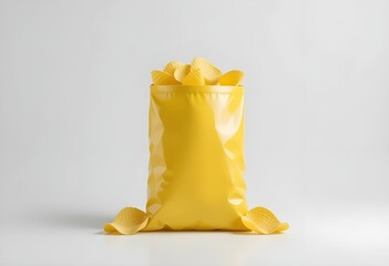 Glossy White Potato Chips Bag with Golden Ridged Chips &ndash; Minimalist Snack Packaging Mockup