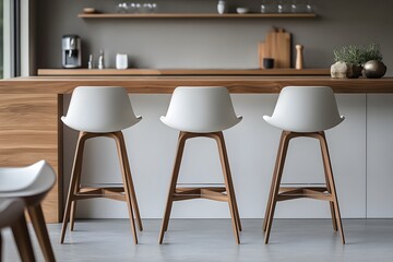 White 3 identical high bars chairs or armchairs. Interior design concept