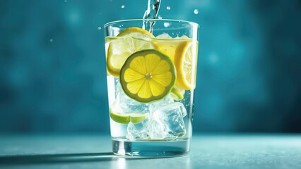 Pour water into a glass with lemon, lime and ice cubes