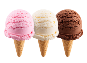 Triple Ice Cream Scoop with Strawberry, Vanilla, and Chocolate Flavors in a Line, Transparent PNG