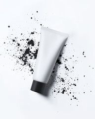 Cosmetic tube with black cap lies on white background with paint or ink splashes. Graphic vertical mockup of cream, hair dye or toothpaste with charcoal. Top view of matte plastic packaging